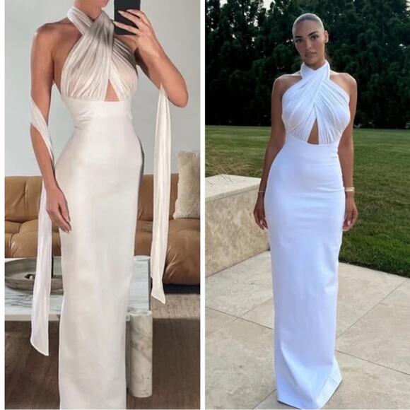 Helsa Amber Sheer Mesh Halterneck Tie Bodycon White Maxi Dress Size Medium - Picture 5 of 11